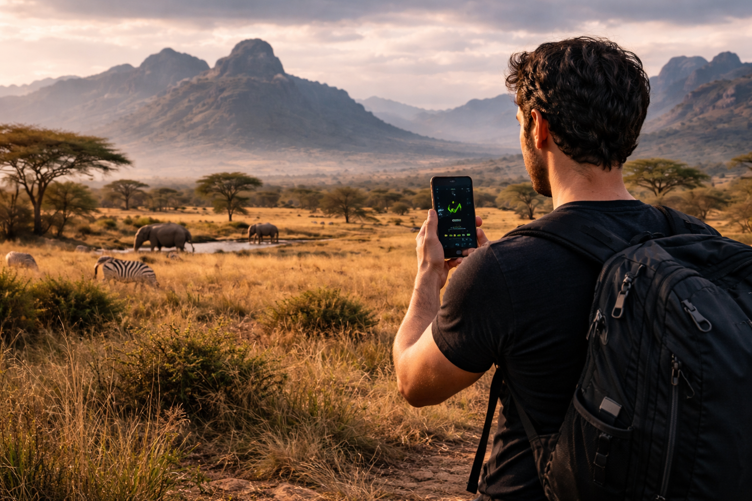 Taman Negara Kidepo di Uganda dengan savana liar, gunung dan pelancong dengan telefon pintar dan eSIM di kawasan terpencil
