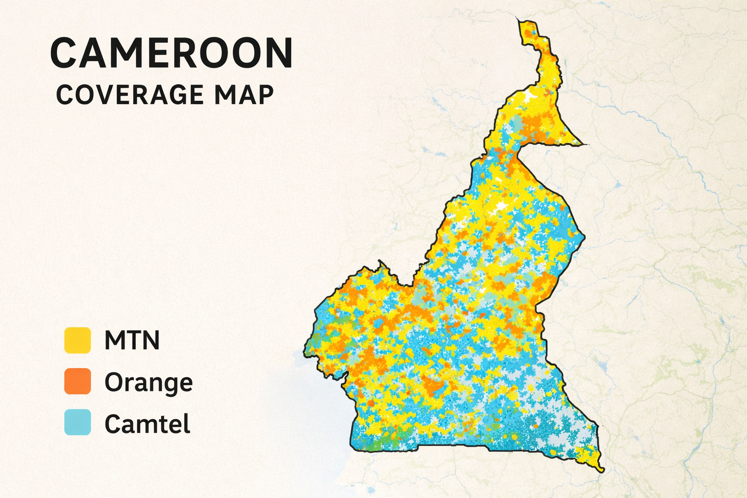 Map of mobile coverage in Cameroon showing the MTN, Orange, and Camtel networks