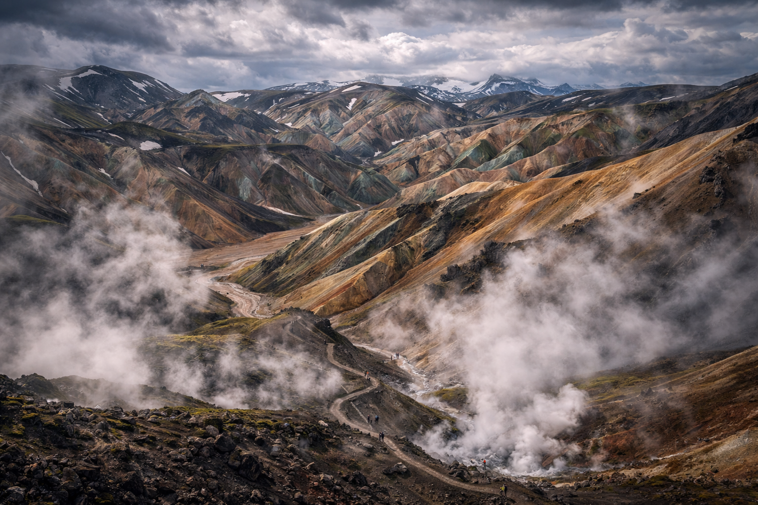 Landmannalaugar Islandē ar krāsainiem kalniem, ģeotermālām vietām, attālām takām un neparastu vulkānisku ainavu