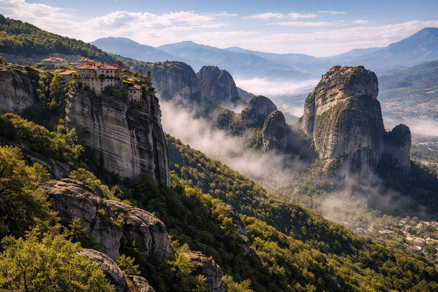 Meteora monasteries atop towering stone pillars
