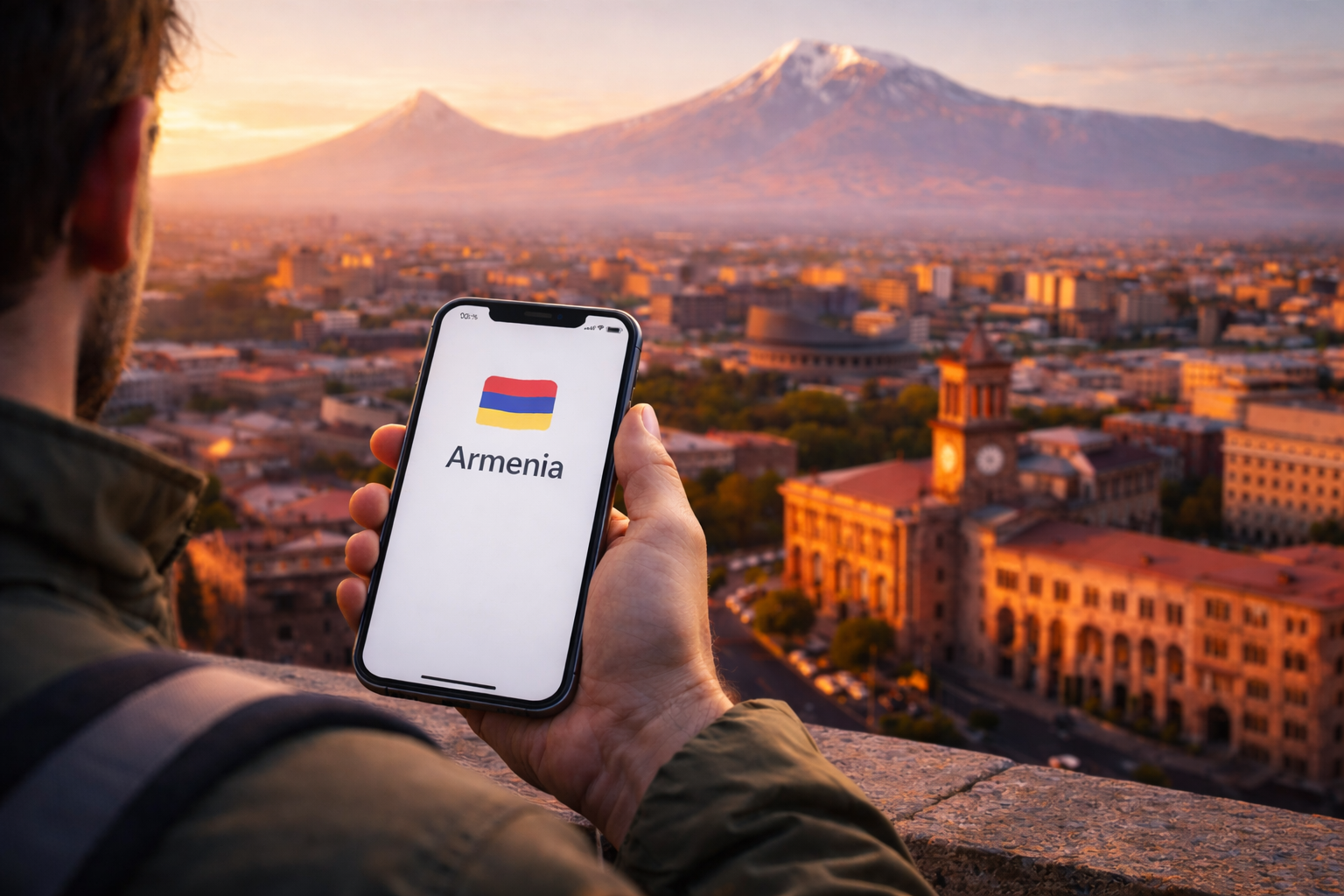 Panoramic sunset view of Yerevan with Mount Ararat and a traveler using a smartphone with an eSIM