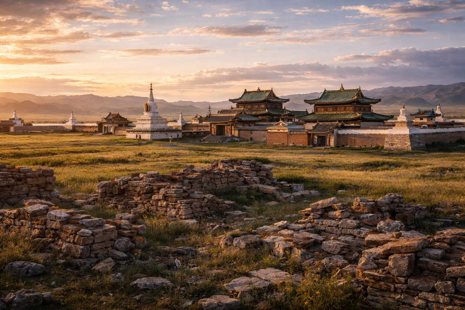 Karakorum con ruinas antiguas, el monasterio Erdene Zuu y una atmósfera histórica en las estepas de Mongolia