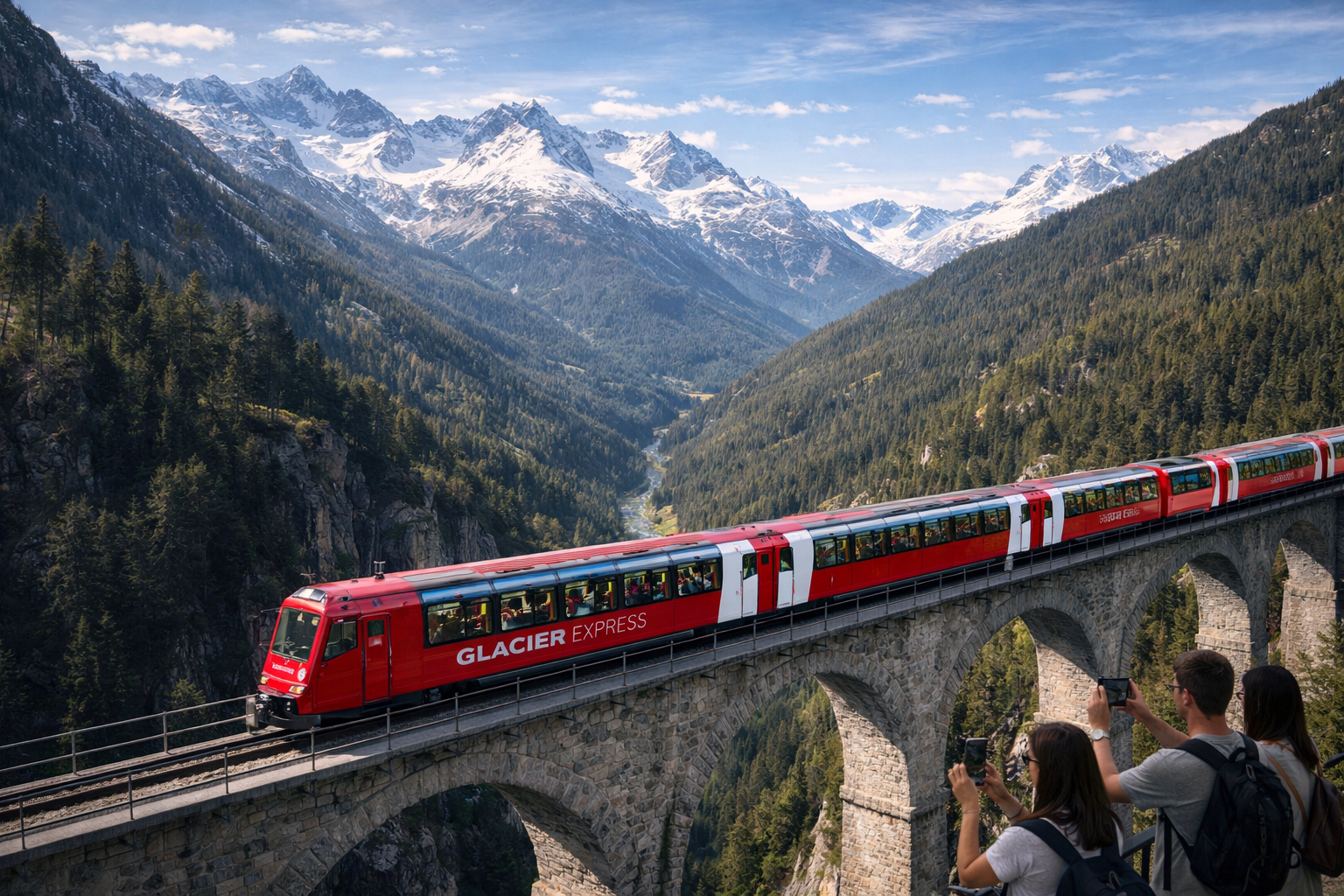 Panoramiczny pociąg Glacier Express na tle alpejskich gór
