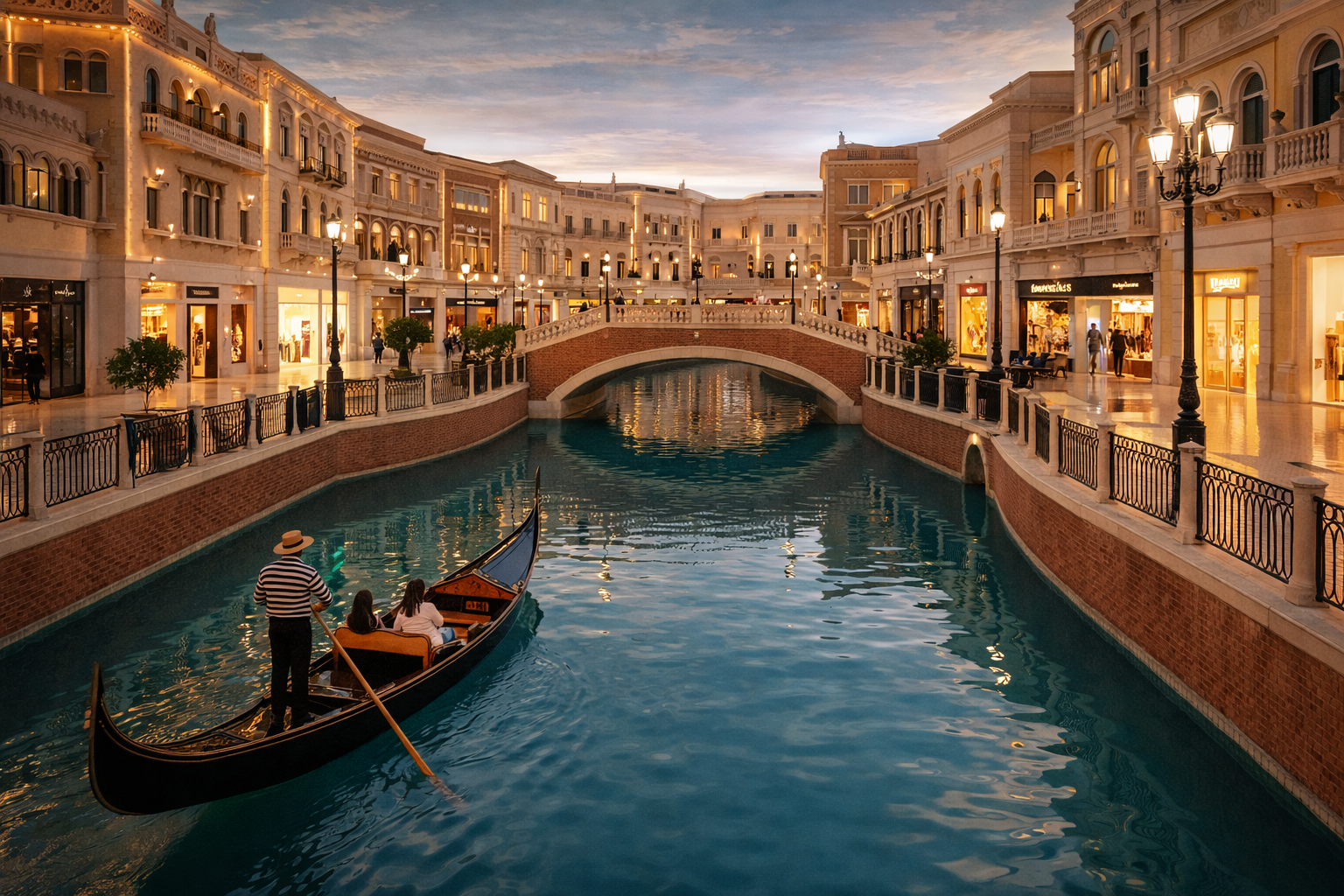 הפנים של קניון וילאג'יו בדוחא עם תעלה, גשרים, אדריכלות בסגנון ונציאני ואווירה של מרחב עירוני יוקרתי