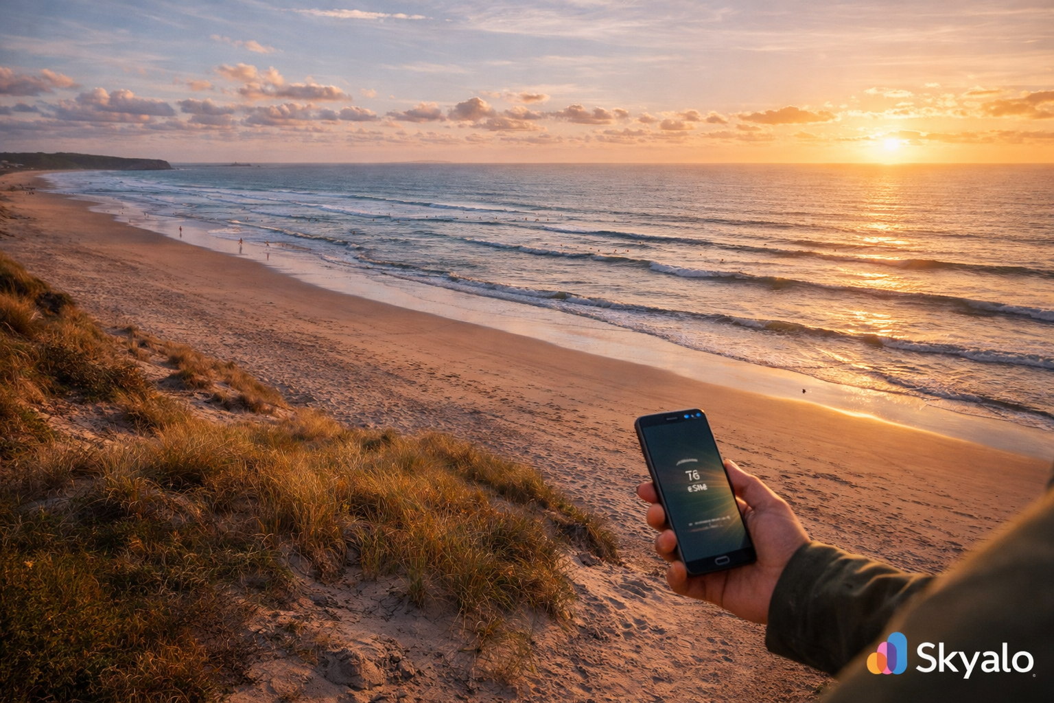 מפרץ סנט אואנס בג'רזי עם חוף חול רחב, גלים, אופק פתוח ומטייל עם סמארטפון עם eSIM פעילה.