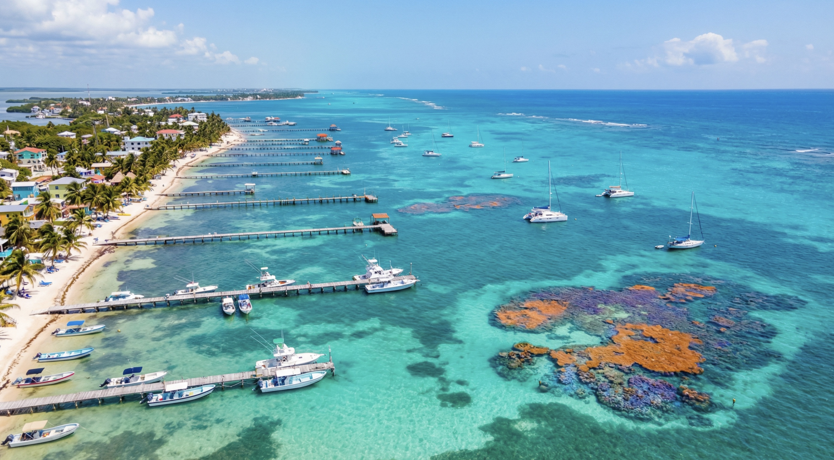 Амбергрис-Кей у Белізі з бірюзовою водою, пірсами та човнами біля узбережжя в сонячний день