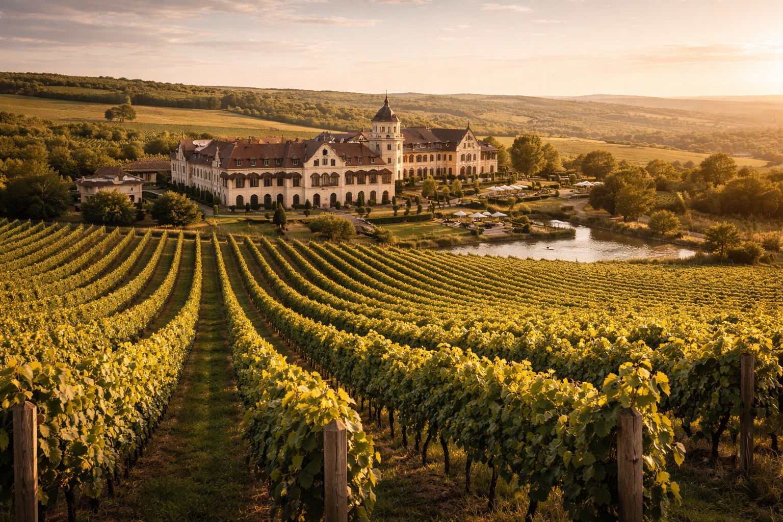 יקב פוארקארי במולדובה עם כרמים, נוף כפרי ואור חם מעל הגבעות.