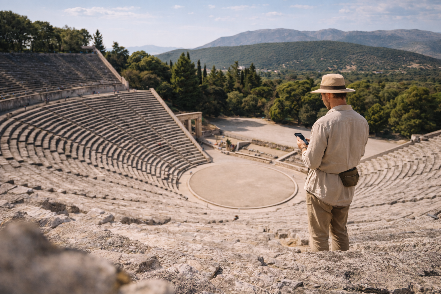 The ancient theater of Epidaurus among green hills and a visitor with a smartphone using an activated eSIM