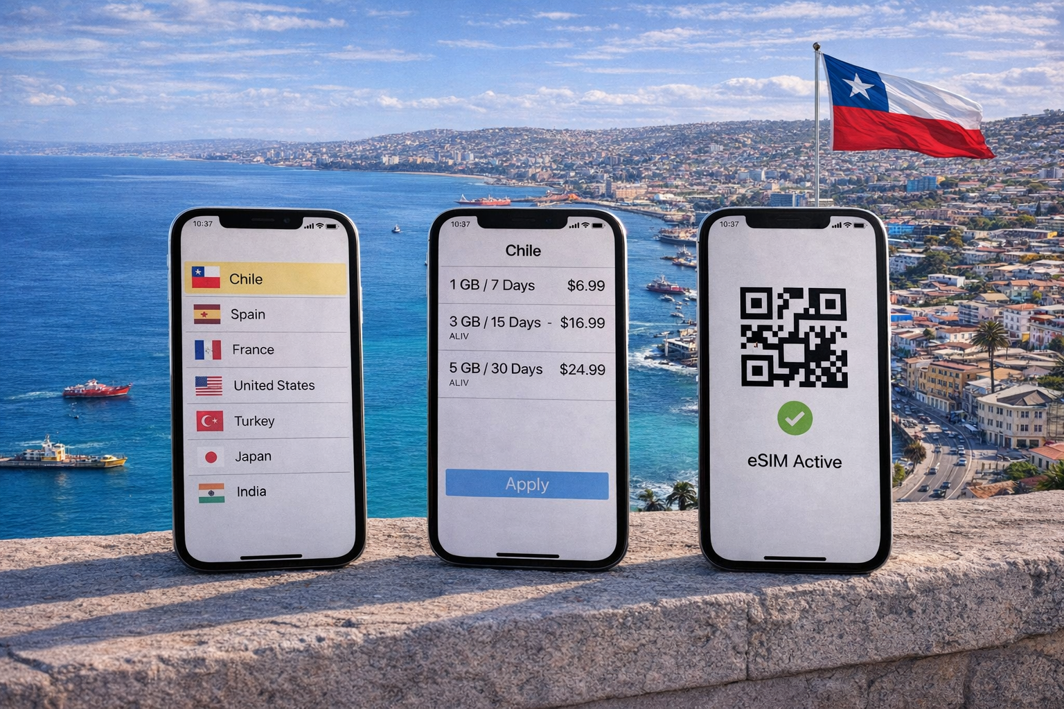 Attivazione eSIM per il Cile su smartphone con piani internet mobile sullo sfondo della costa di Valparaíso