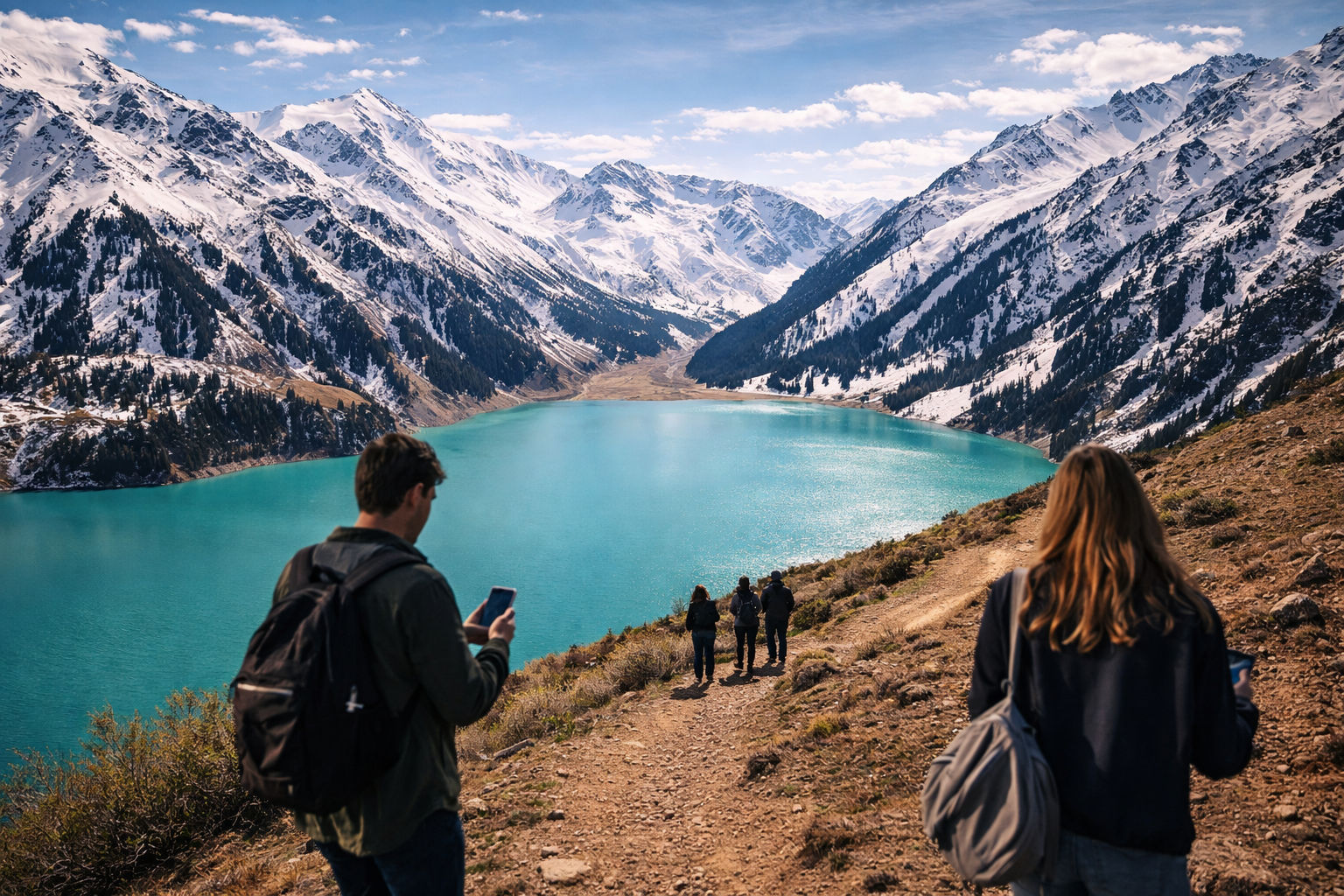 مسافرون بهواتف ذكية وeSIM عند بحيرة ألماتي الكبرى