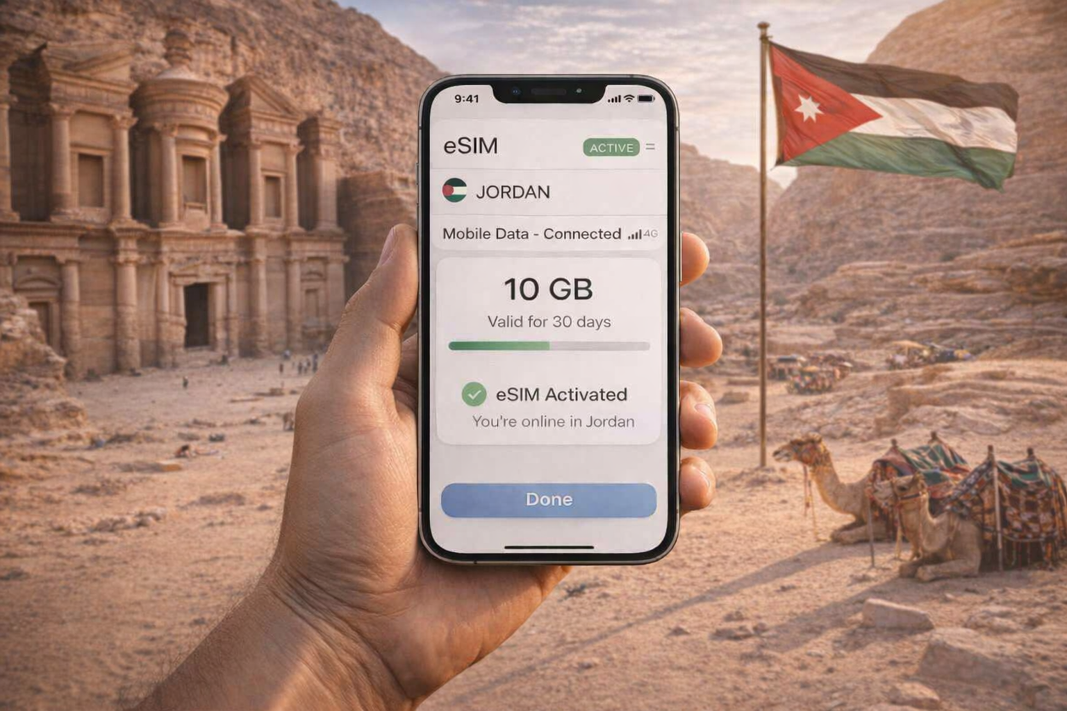 סמארטפון עם eSIM פעילה בירדן על רקע פטרה, עם אינטרנט סלולרי מחובר ואות יציב