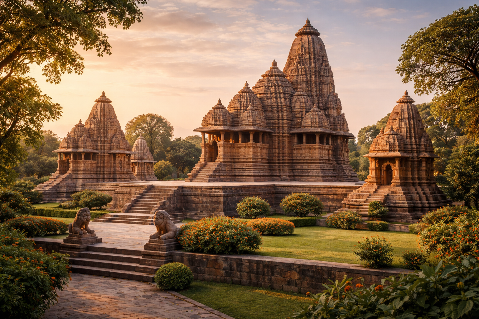 کھجوراہو کا قدیم مندر کمپلیکس، نفیس پتھریلی کندہ کاری، گرم شام کی روشنی اور شاندار تاریخی فضا۔