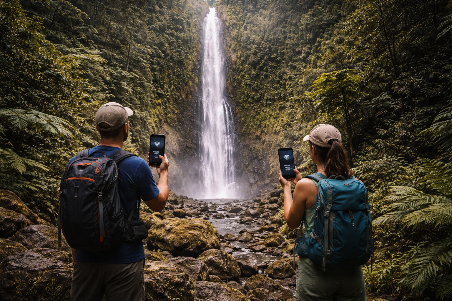 Podróżni przy wodospadzie Middleham korzystają ze smartfonów z internetem eSIM