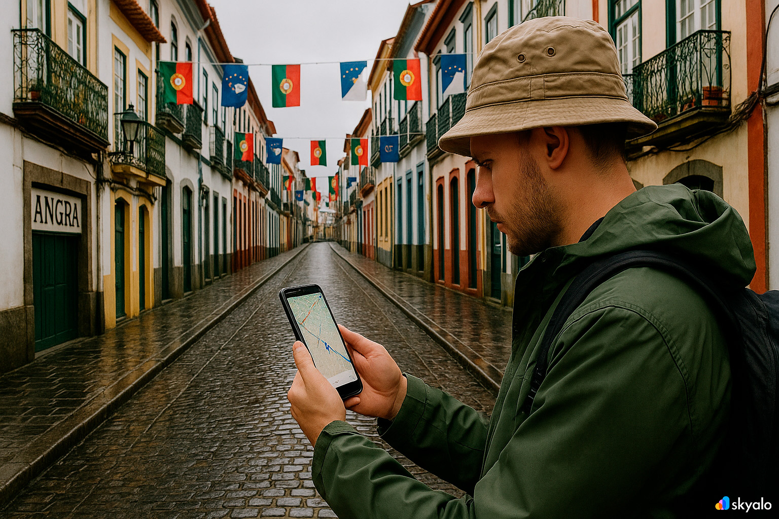 Pastel façades in Angra on Terceira; wet cobblestones as a traveler pins route stops on a smartphone