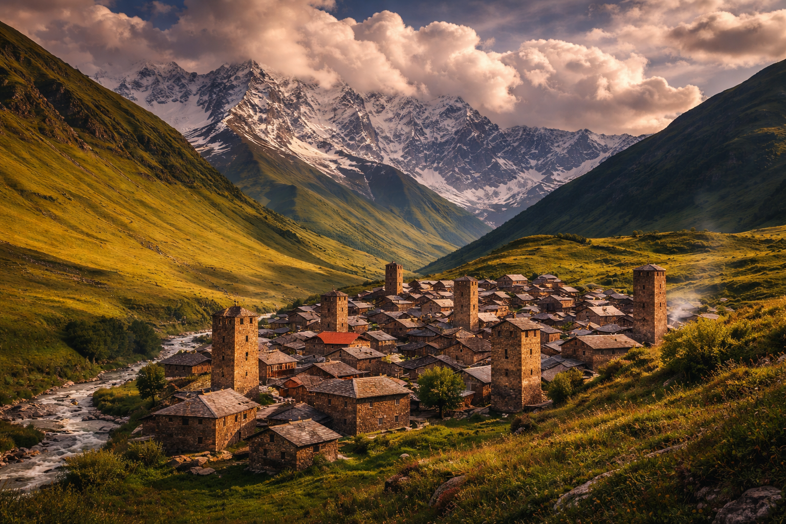 Svanetia y Ushguli con torres antiguas - región remota de Georgia con eSIM para navegación