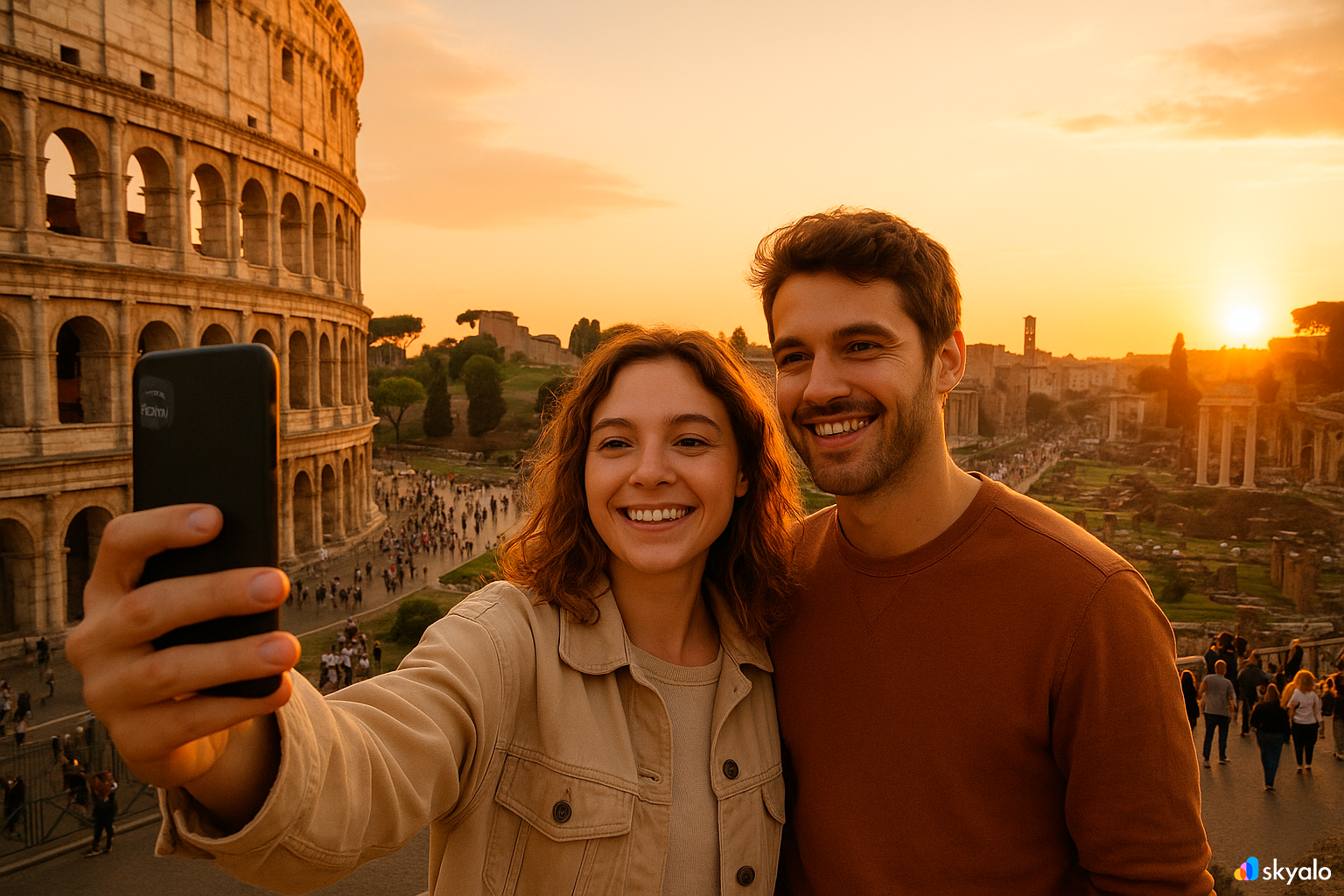 A couple at the Colosseum sharing the moment — stories upload via eSIM