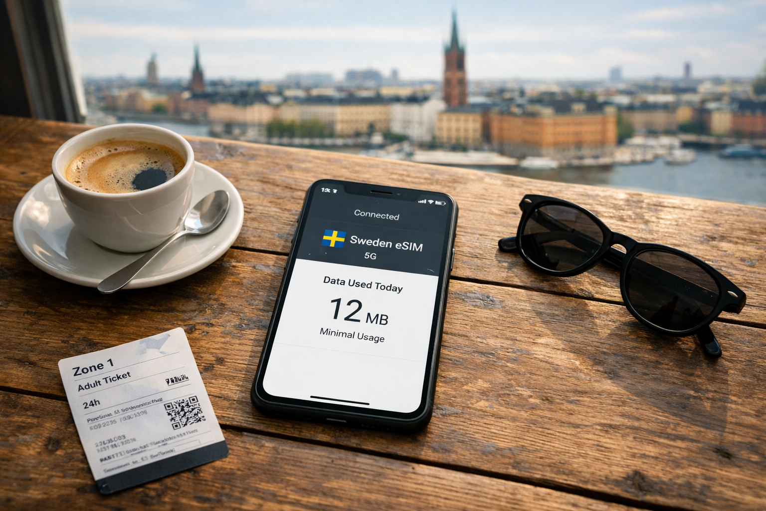 A smartphone with an active Sweden eSIM on a café table with a view of Stockholm