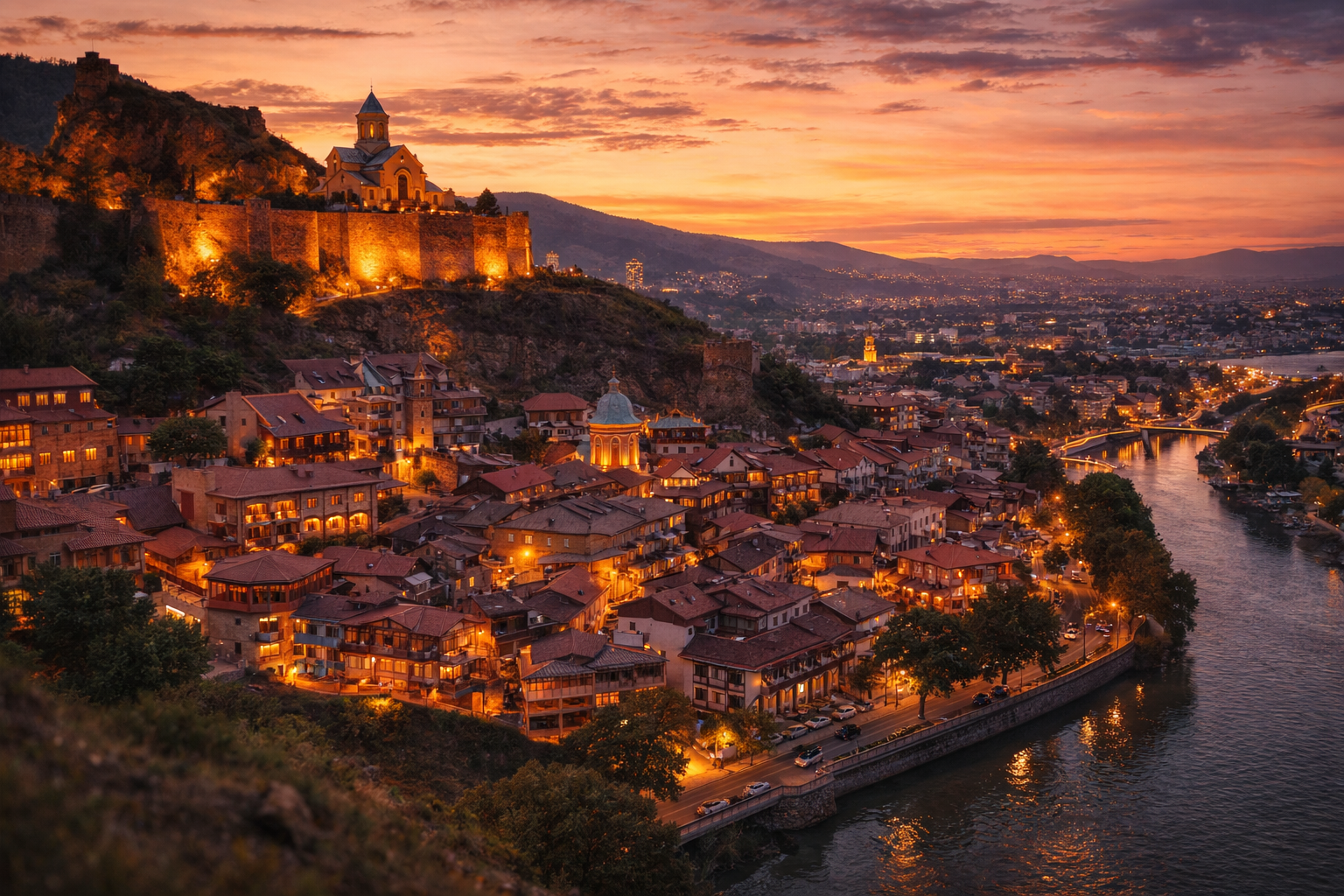 Casco antiguo de Tiflis con la fortaleza de Narikala y el río Kura - viaje por Georgia con eSIM e internet móvil