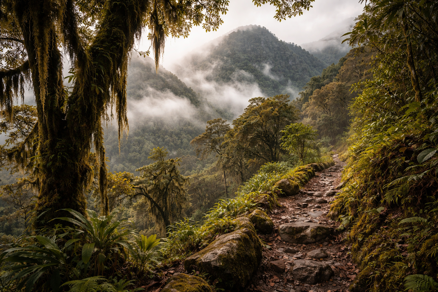 יער עננים ושבילי הרים של הפארק הלאומי סלהקה בהונדורס בין ירק צפוף וערפל