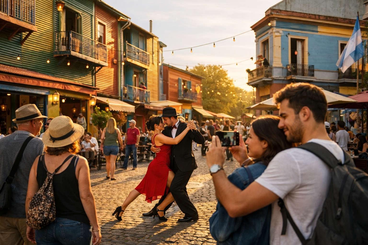 Colorful houses in Buenos Aires’ La Boca district and tourists posting photos online via eSIM