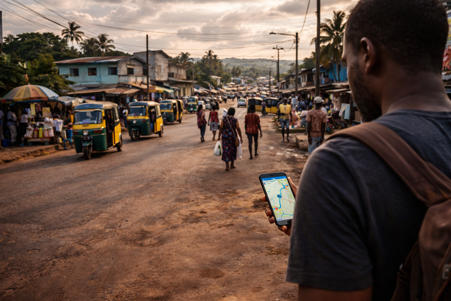 Monrovijos priemiestis ir keliautojas, naudojantis telefoną