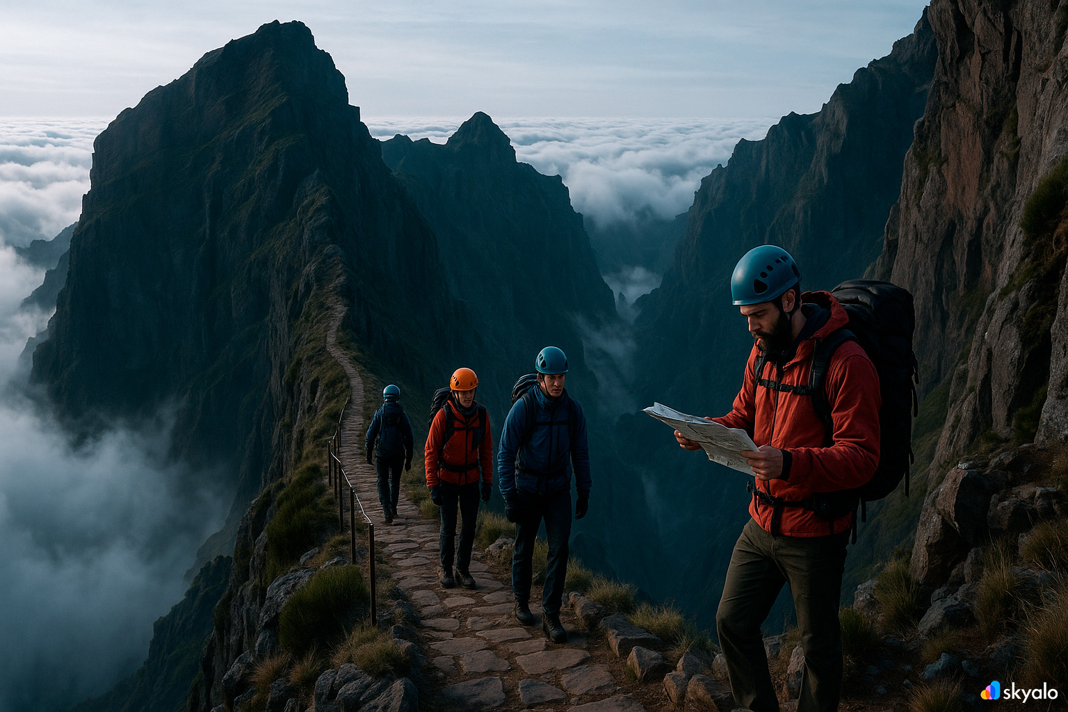 Mountaineering group on the Areeiro–Ruivo ridge above a cloud sea; guide checking the route on a map