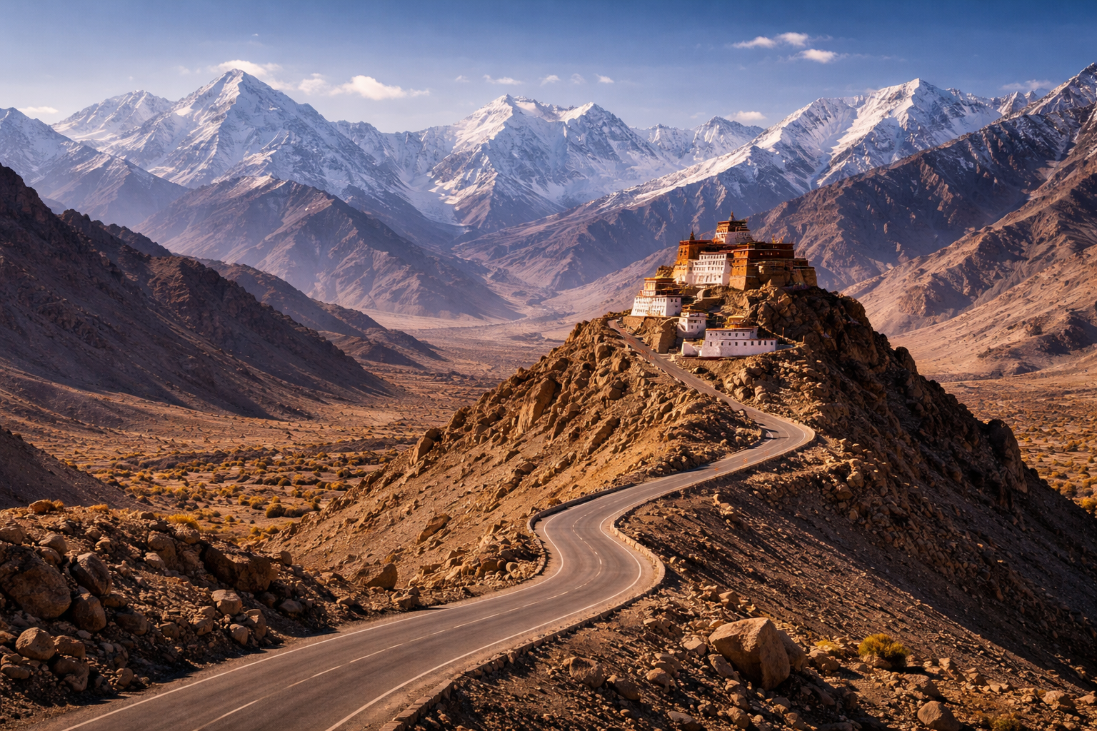 لداخ کا ڈرامائی پہاڑی منظر، بل کھاتی سڑک، پہاڑی پر خانقاہ، اونچی ہمالیائی چوٹیاں اور صاف نیلا آسمان۔