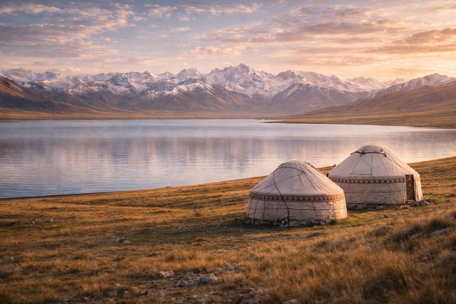 אגם סון-קול עם יורטות והרים