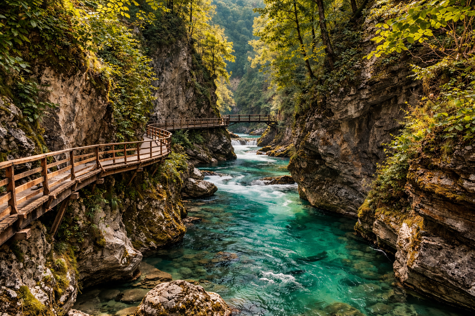 ערוץ וינטגאר בסלובניה עם שבילי עץ, נהר הרים מהיר, מצוקים וירק צפוף