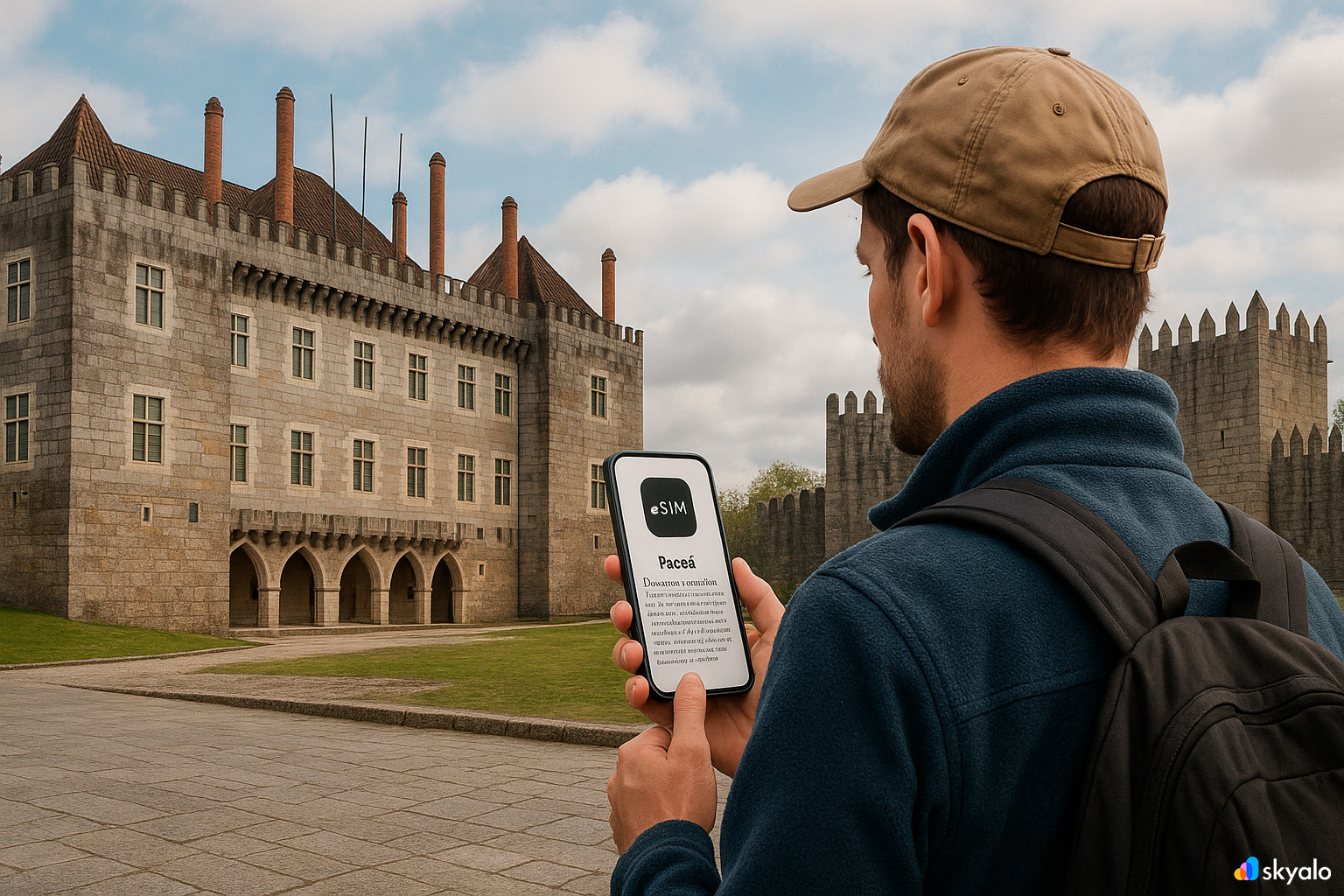 Traveler by the castle and palace in Guimarães; info page open on phone, online via Skyalo eSIM