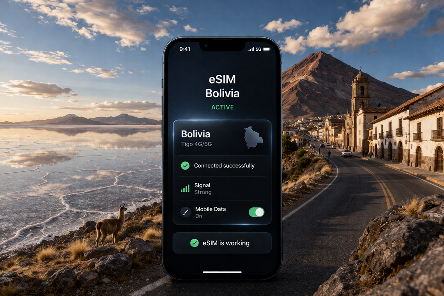 סמארטפון עם eSIM פעילה ואינטרנט סלולרי עובד על רקע מישור המלח, נוף הרים ואווירת טיול בבוליביה.