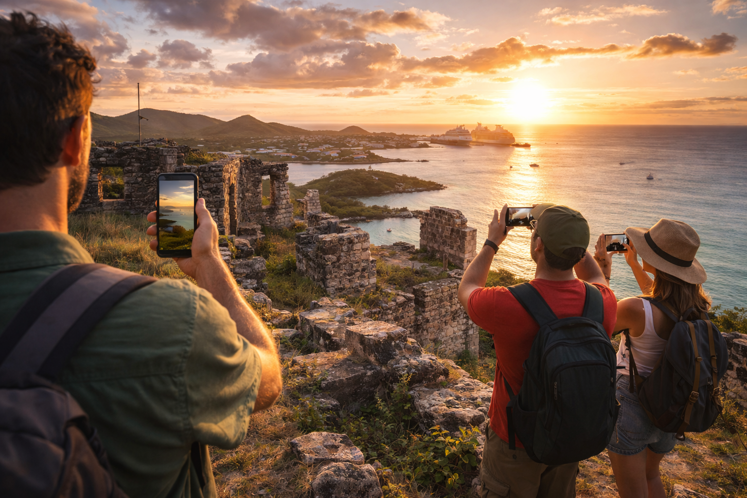 Ruins of Fort Barrington on a hill overlooking the coast, with tourists using smartphones with eSIM