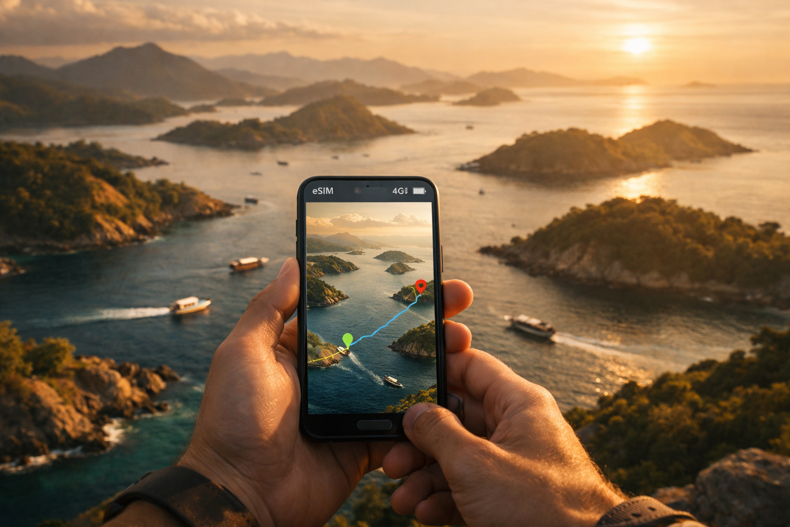 A smartphone showing an island-hopping route map in Indonesia with an active eSIM