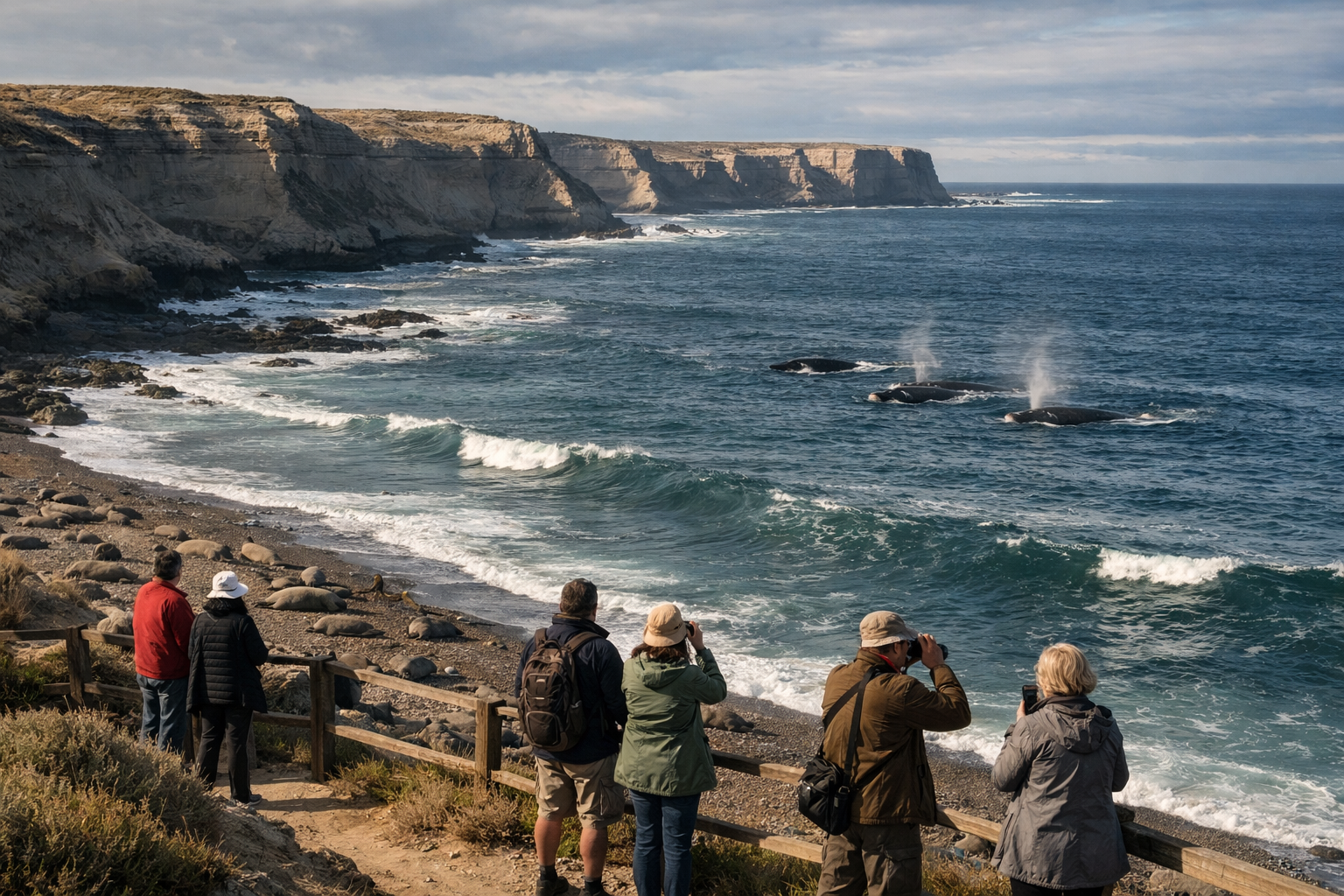 The coast of Valdés Peninsula and tourists whale-watching while using a smartphone