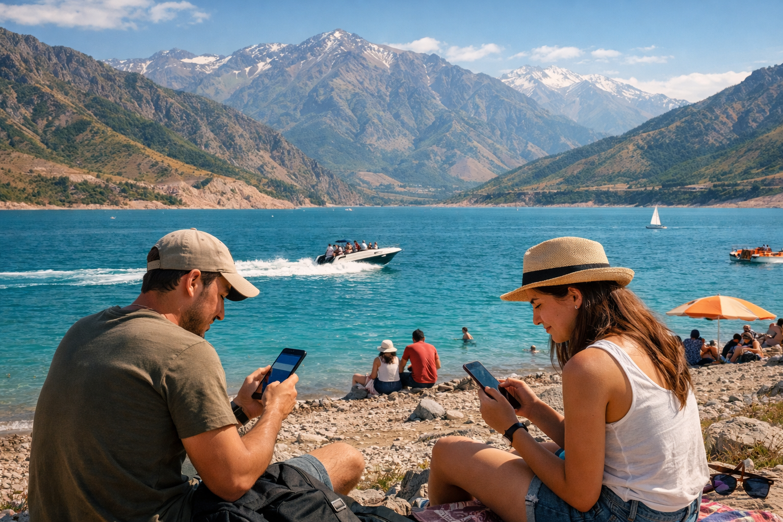 I viaggiatori usano internet eSIM sulla riva del lago Charvak