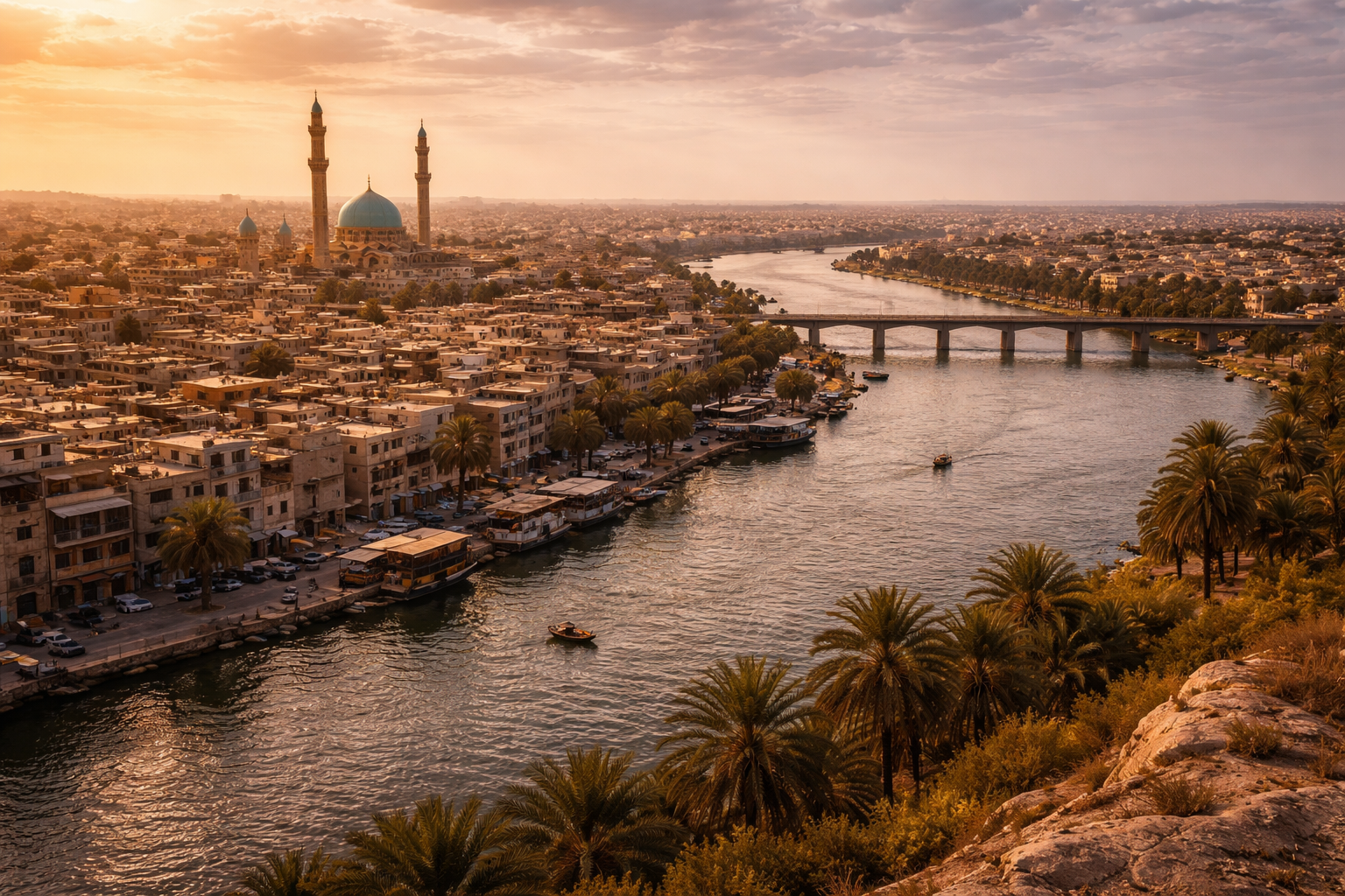 Ciudad de Faluya con edificios modernos y vida urbana
