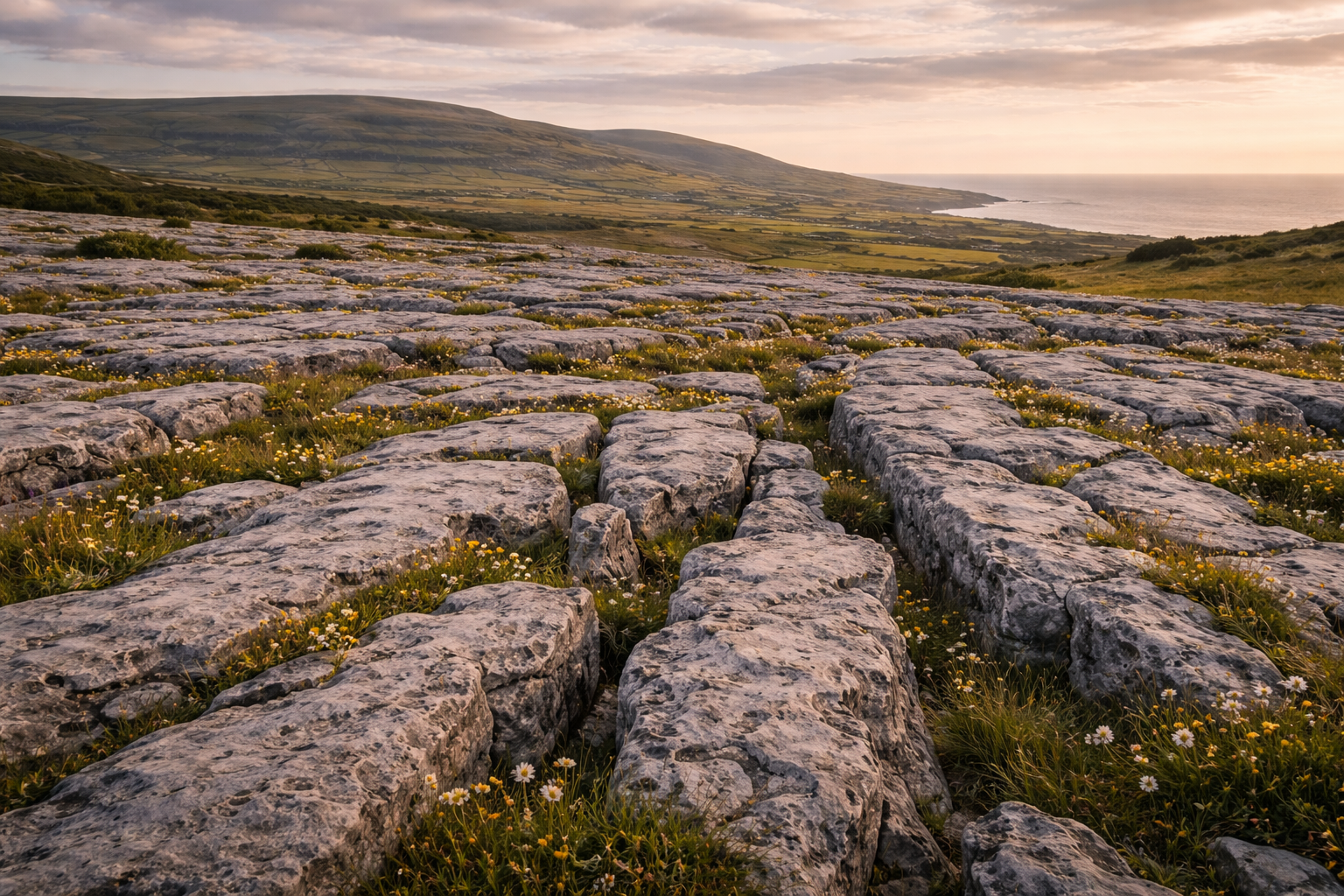 בורן באירלנד עם רמת אבן גיר, סדקים בסלע, צמחייה נדירה ואור רך של החוף המערבי.