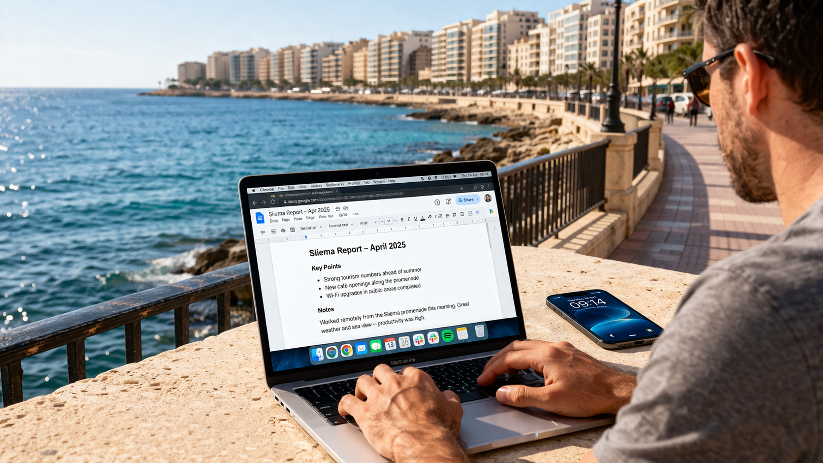 Persiaran tepi laut Sliema dengan pelancong yang bekerja dalam talian