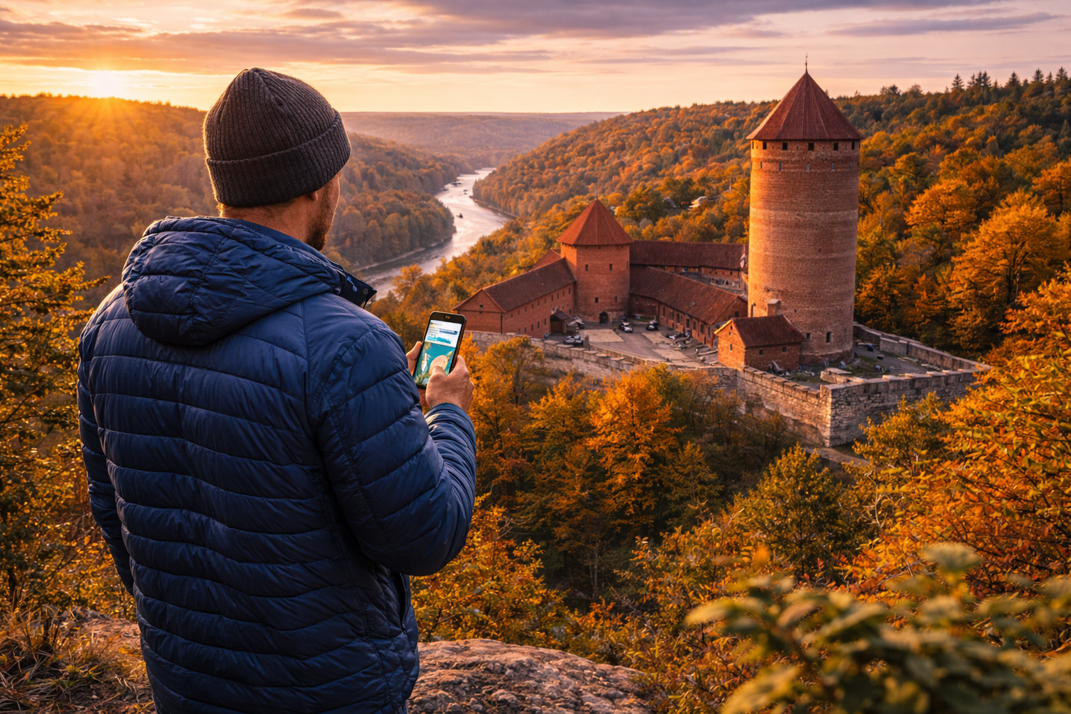 Turaida Castle above the Gauja Valley and a tourist with an eSIM smartphone
