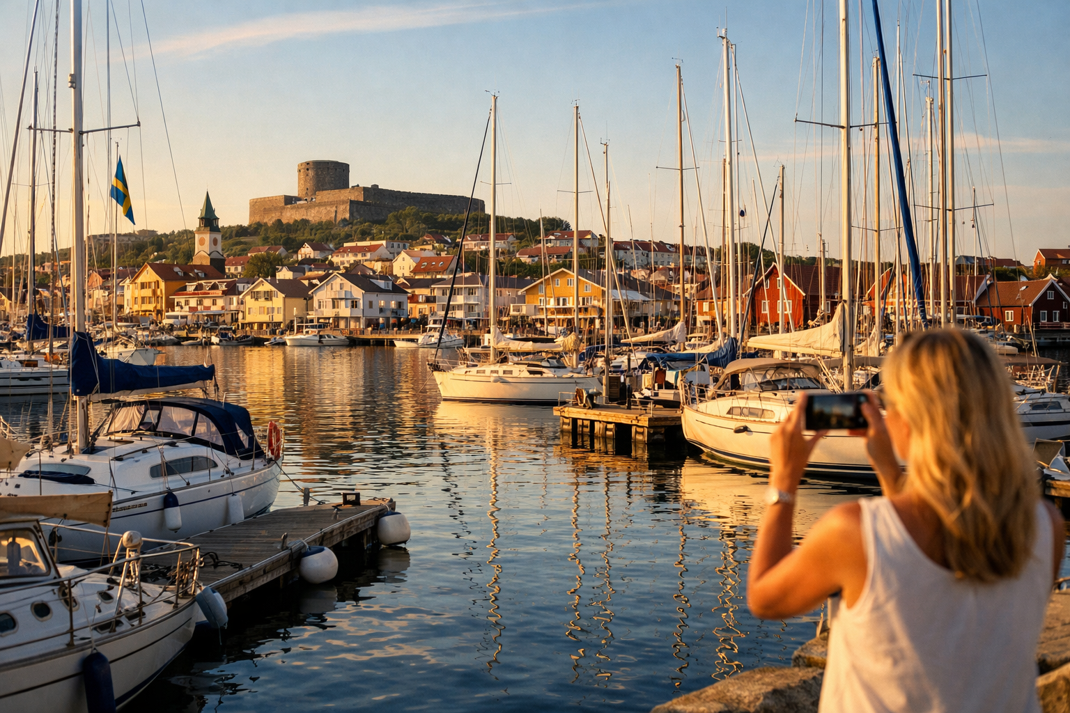Marstrand marina, and tourists photograph yachts