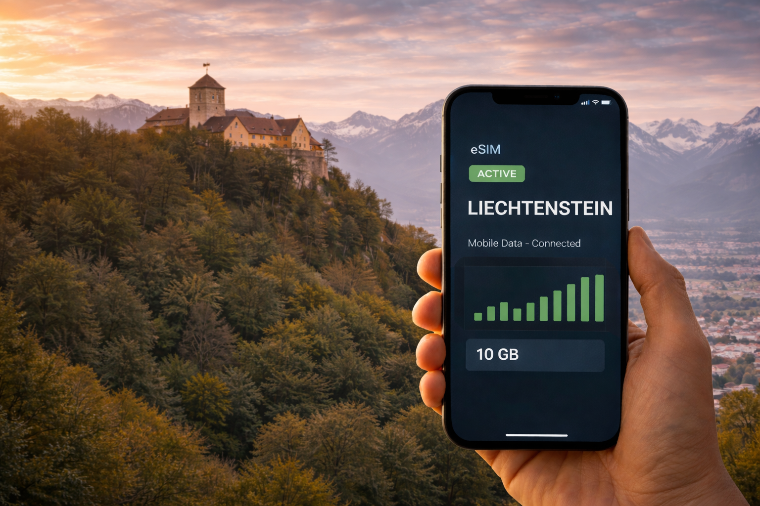 A smartphone in hand with an activated eSIM for Liechtenstein against the backdrop of Vaduz Castle and the Alps, showing connected mobile internet and a 10 GB plan