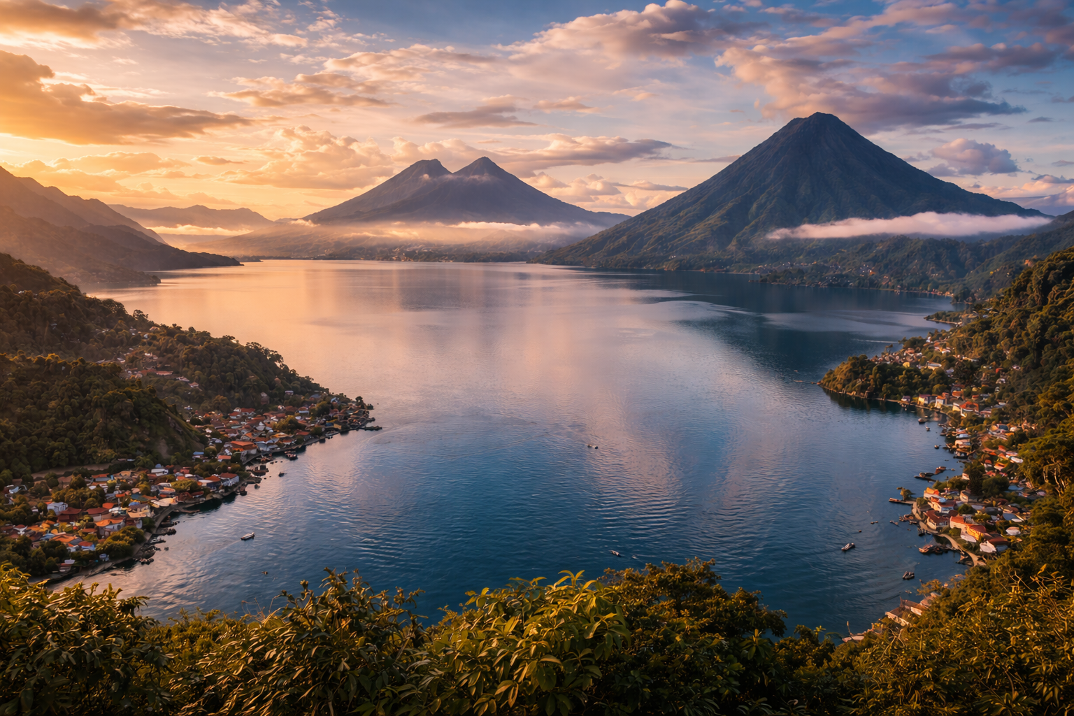 אגם אטיטלן בגואטמלה עם הרי געש, מים שקטים וכפרים על החוף