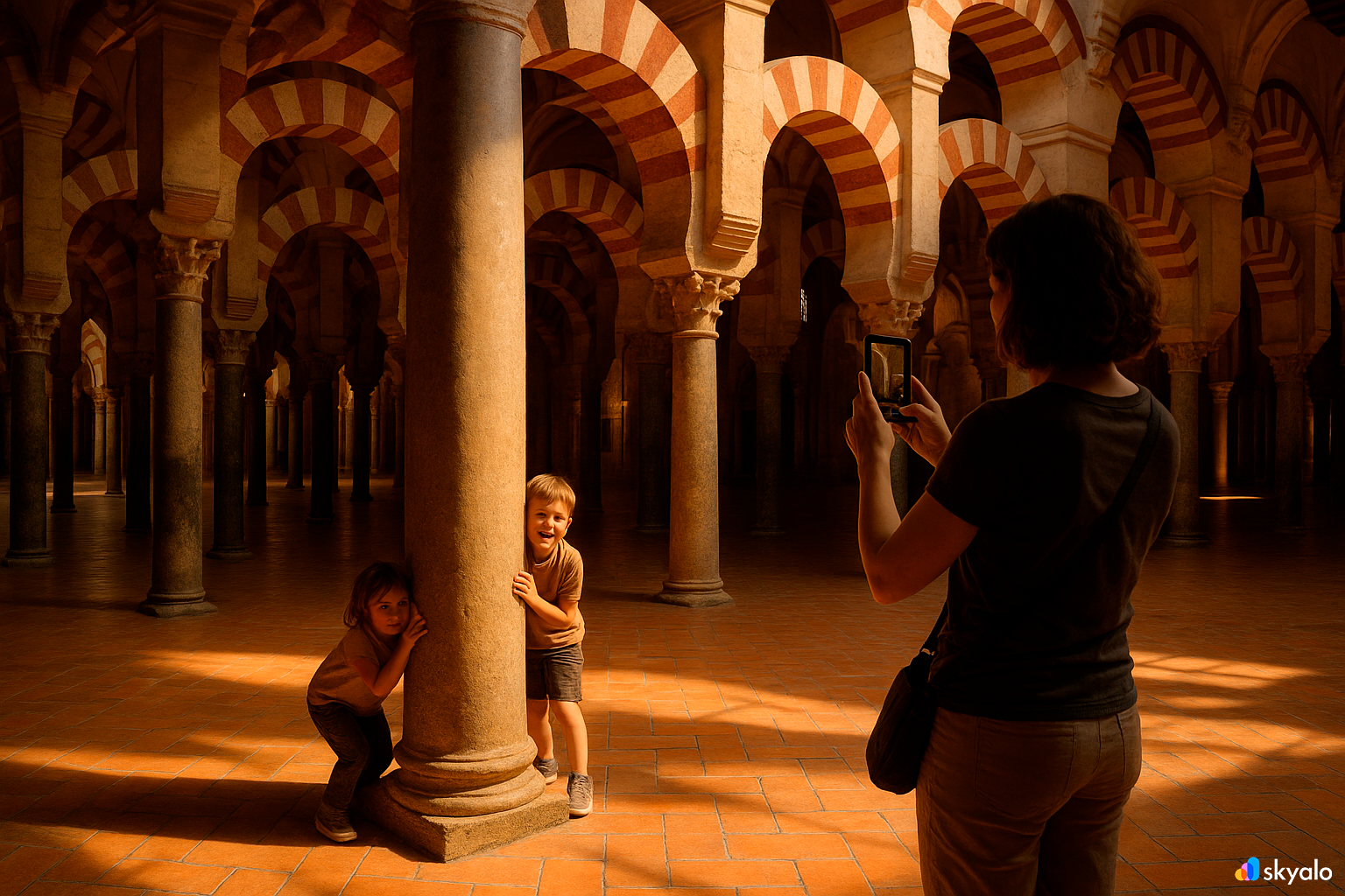 Mother photographing children among the arches of Córdoba’s Mezquita, soft light and long shadows inside