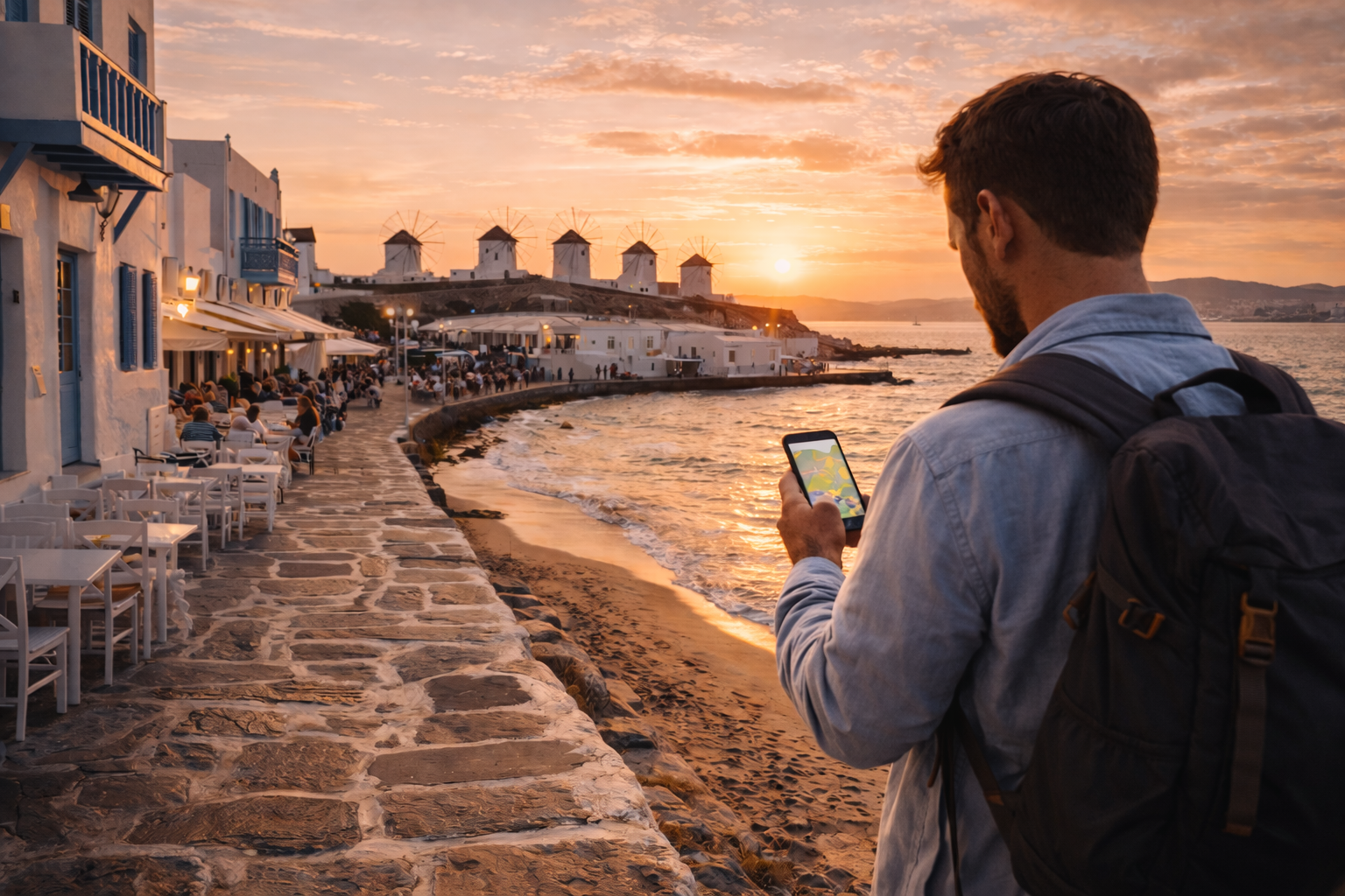 Mykonos windmills at sunset and a traveler with a smartphone using an active eSIM