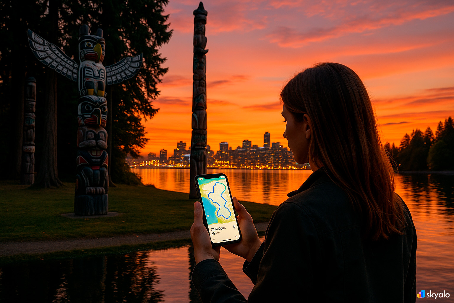 Woman near Stanley Park totems; Seawall route on phone screen, mountains glowing in sunset