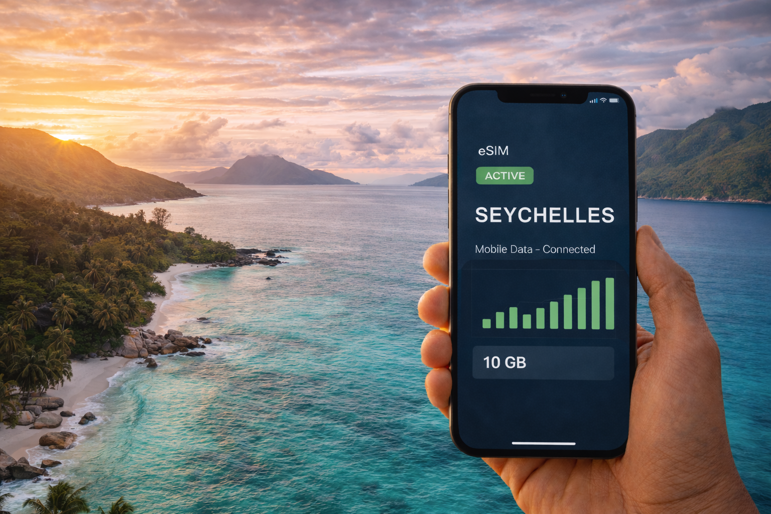 هاتف ذكي مع eSIM مفعلة على خلفية ساحل استوائي في سيشل مع مياه فيروزية ونخيل.