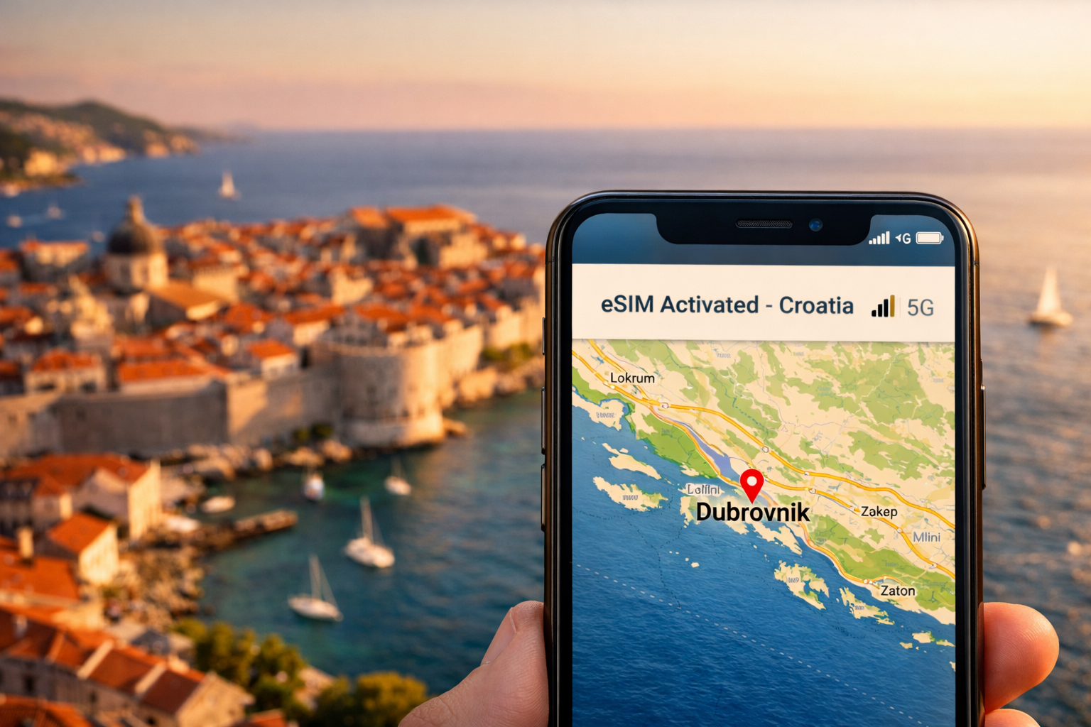 Uno smartphone con eSIM attiva sullo sfondo della città vecchia di Dubrovnik e del mare Adriatico in Croazia
