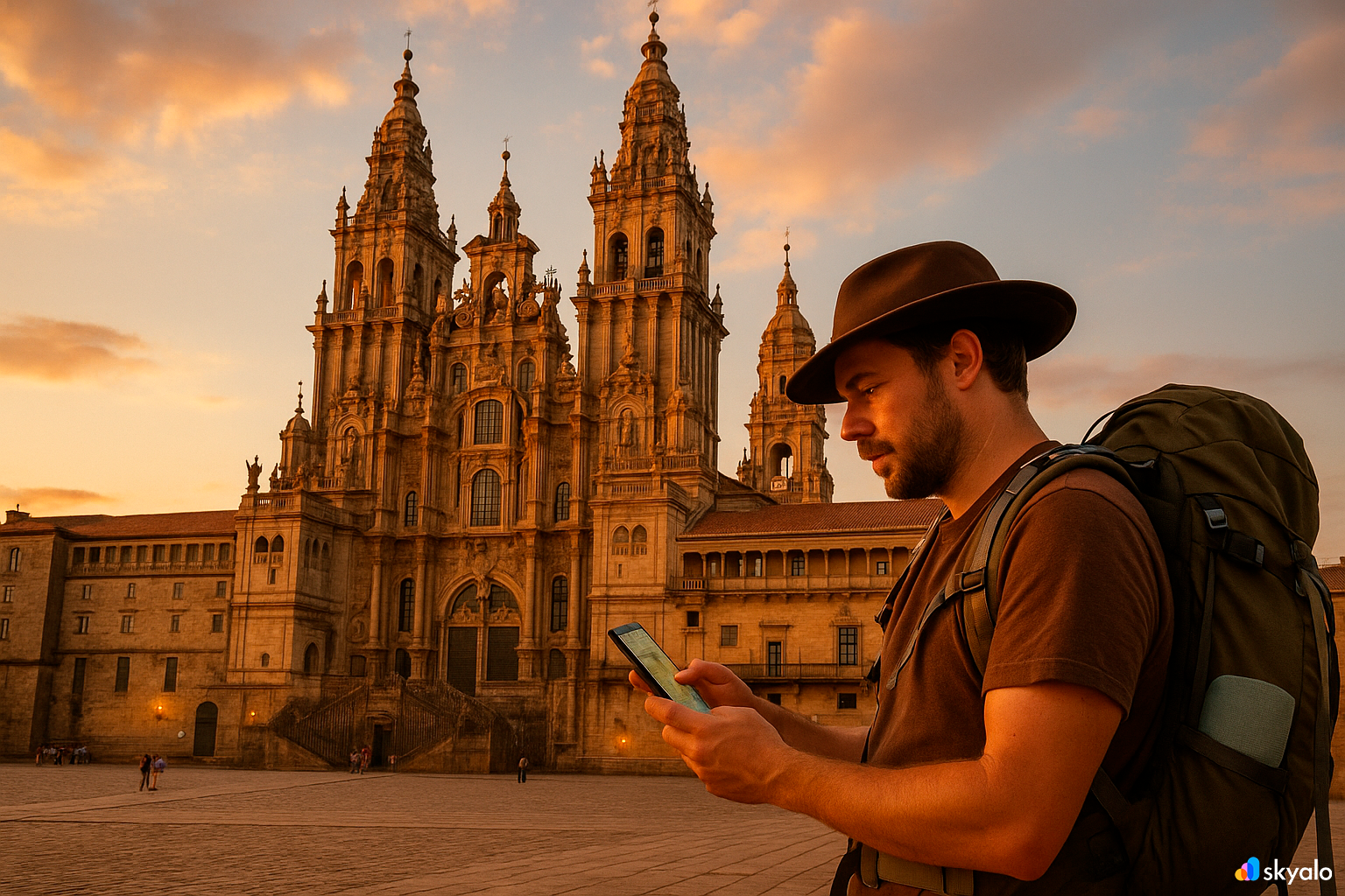 Pilgrim at Santiago de Compostela Cathedral checking route on phone with Skyalo eSIM