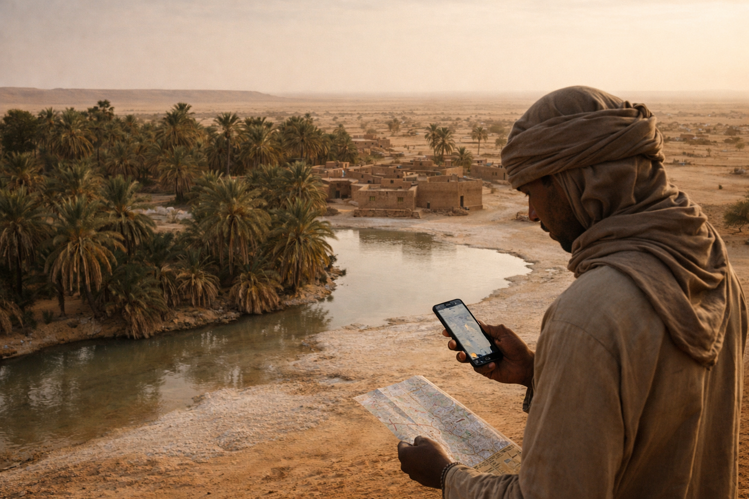 אינ-גאל בניז'ר עם נאת מדבר, עצי דקל, אדריכלות מדברית ומטייל המשתמש ב-eSIM על הסמארטפון במהלך המסלול.