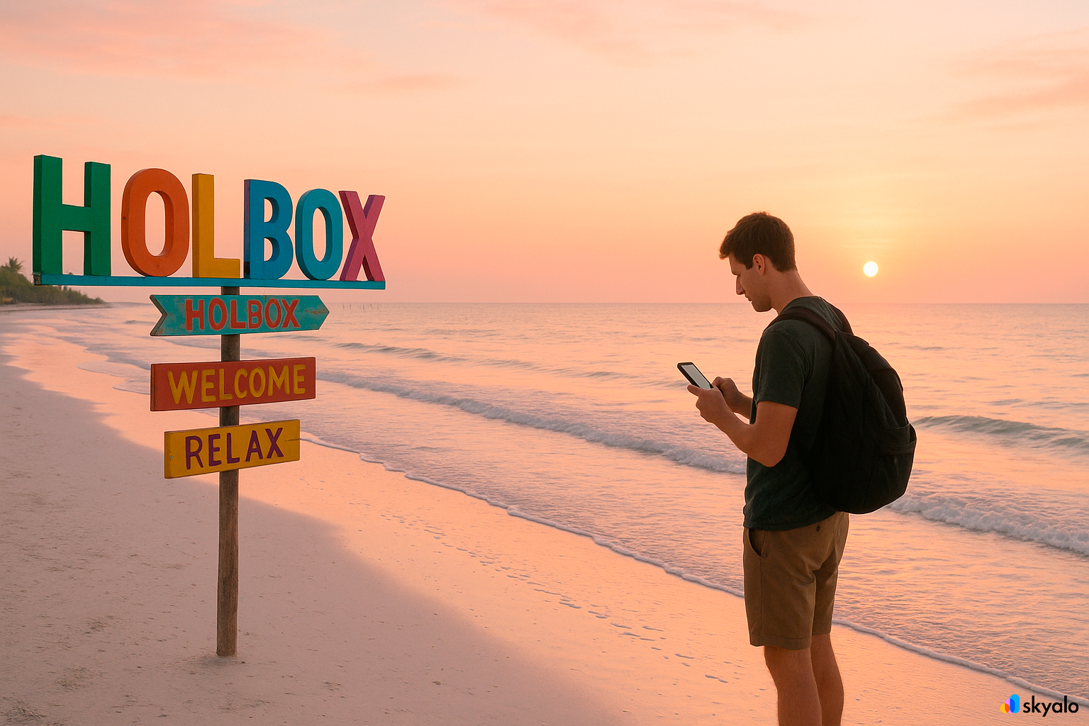 Traveler on Holbox beach at dawn; pastel colors and tiny rippling waves